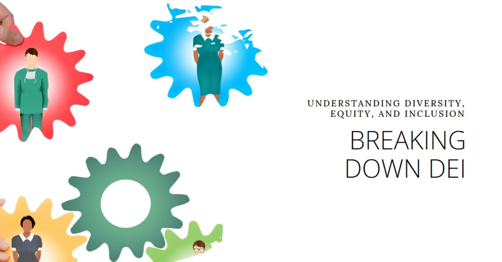 An image depicting the synergy of diversity, equity, and inclusion in the form of interlocking gears with human silhouettes, representing the collaborative mechanism of DEI in the workplace.