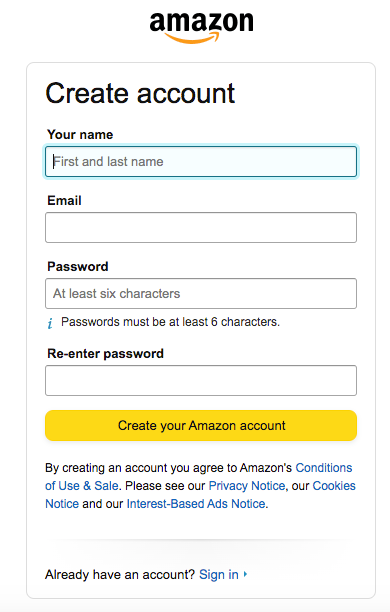 Screenshot of the Amazon Affiliate Program signup page, displaying various fields for user registration such as name, email, password, and a 'Create your Amazon account' button.