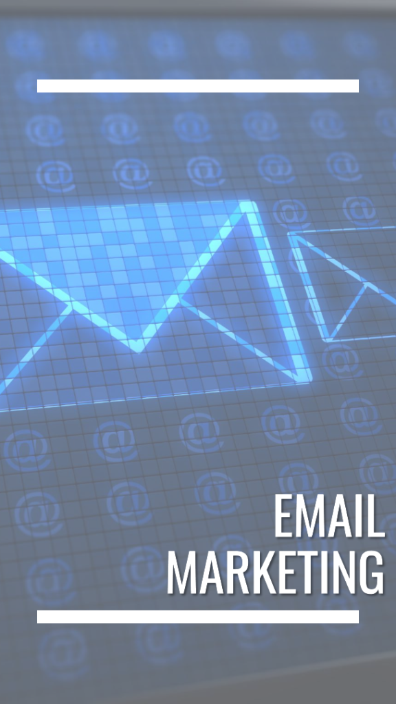 A digital graphic representing email marketing, with two outlined envelope icons on a grid background interspersed with multiple ‘@’ symbols, and the phrase ‘EMAIL MARKETING’ in bold at the bottom.