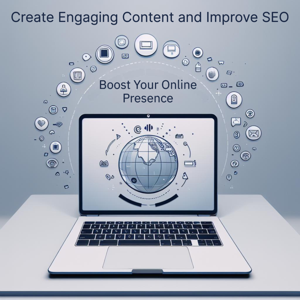 A laptop displaying a globe surrounded by various icons representing digital content and SEO elements, with the phrases ‘Create Engaging Content and Improve SEO’ and ‘Boost Your Online Presence’ prominently displayed above and below the laptop.