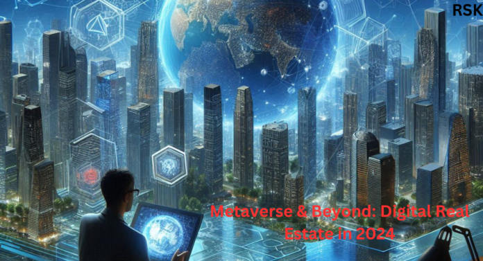 A futuristic cityscape with holographic elements and a person interacting with a digital globe, representing the concept of the metaverse.
