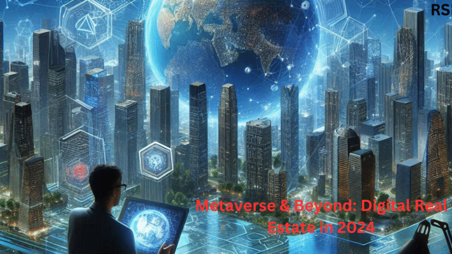 A futuristic cityscape with holographic elements and a person interacting with a digital globe, representing the concept of the metaverse.