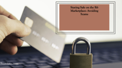 A padlock on a laptop keyboard with a blurred hand holding a credit card in the background, symbolizing security on the R6 Marketplace.