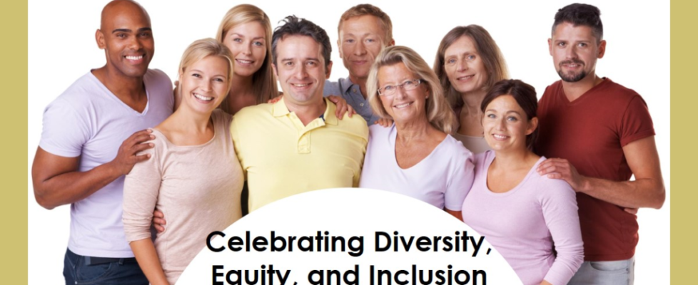 A group of individuals standing together, faces obscured, under the banner “Celebrating Diversity, Equity, and Inclusion (dei).