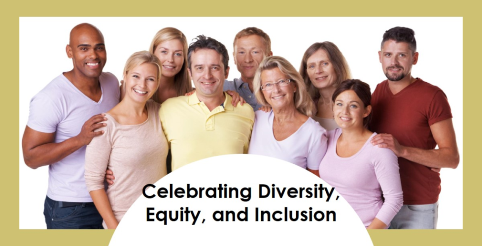 A group of individuals standing together, faces obscured, under the banner “Celebrating Diversity, Equity, and Inclusion (dei).