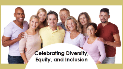 A group of individuals standing together, faces obscured, under the banner “Celebrating Diversity, Equity, and Inclusion (dei).