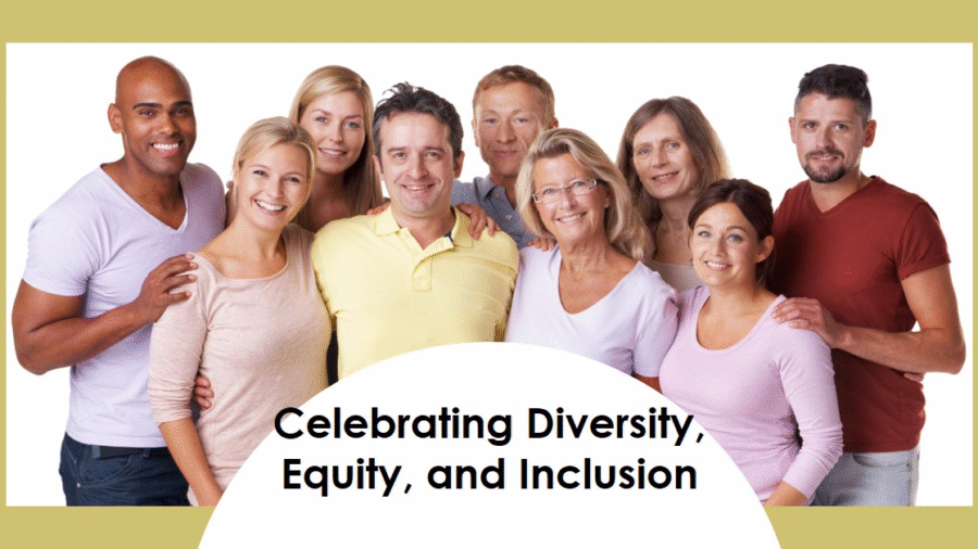 A group of individuals standing together, faces obscured, under the banner “Celebrating Diversity, Equity, and Inclusion (dei).