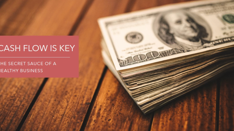 A stack of US 100 dollar bills on a wooden surface with text overlay on the left side reading “CASH FLOW IS KEY” and below it “THE SECRET SAUCE OF A HEALTHY BUSINESS.
