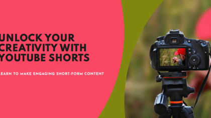 A DSLR camera on a tripod focusing on a subject in nature. The screen displays a person wearing a red hat. The left side of the image has a red background with text promoting creativity with YouTube Shorts.