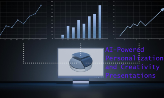 A digital presentation setup displaying various types of graphs and the text “AI-Powered Personalization and Creativity in Presentations.