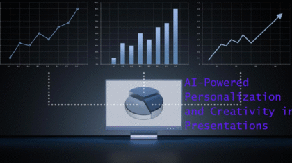 A digital presentation setup displaying various types of graphs and the text “AI-Powered Personalization and Creativity in Presentations.