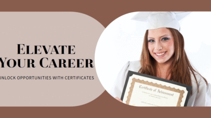 Alt text: A woman in a graduation cap and gown is smiling while holding a certificate, representing an online graduate certificate. The image includes the text "Elevate Your Career" and "Unlock Opportunities with Certificates" on the left side.