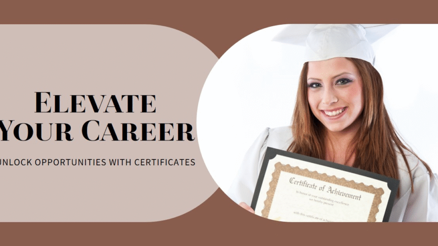 Alt text: A woman in a graduation cap and gown is smiling while holding a certificate, representing an online graduate certificate. The image includes the text "Elevate Your Career" and "Unlock Opportunities with Certificates" on the left side.