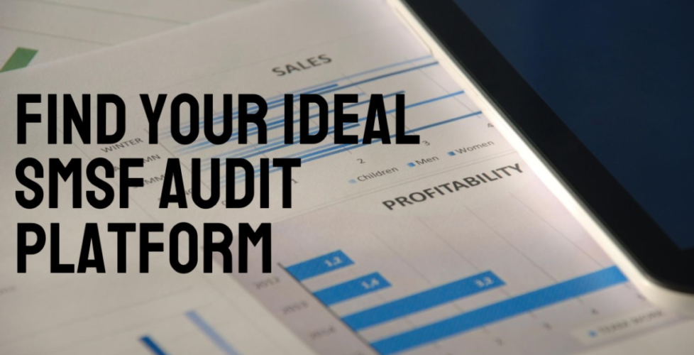 A close-up of a tablet and a document with graphs showing sales and profitability data. Overlaid text reads "Find Your Ideal SMSF Audit Platform.