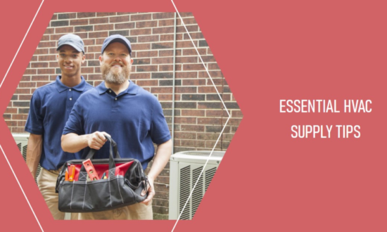 Two HVAC technicians standing outdoors, both dressed in blue uniforms. One holds a tool bag filled with HVAC equipment. The background features an HVAC unit against a brick wall, and the text on the right reads "Essential HVAC Supply Tips.