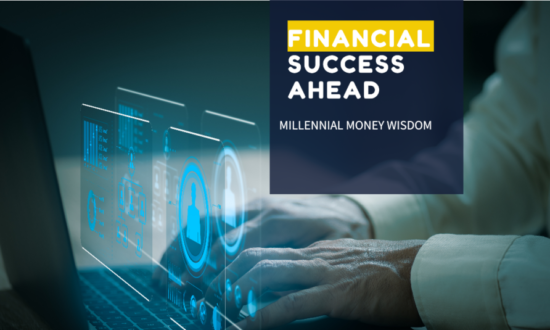 A person working on a laptop with a futuristic interface and the text financial success AHEAD" and "MILLENNIAL MONEY WISDOM".