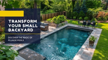 A small backyard with a sleek plunge pool surrounded by a paved deck, lush greenery, and outdoor furniture, creating a tranquil and inviting outdoor space.