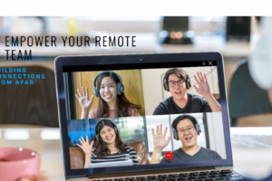 A laptop screen showing a virtual meeting with four people waving, each wearing headphones, promoting remote teamwork. The text on the screen reads, "Empower Your Remote Team: Building Connections from Afar."