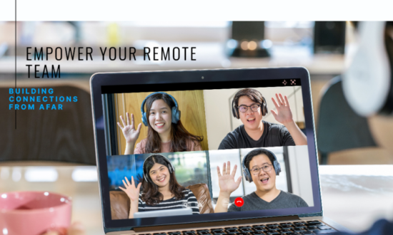 A laptop screen showing a virtual meeting with four people waving, each wearing headphones, promoting remote teamwork. The text on the screen reads, "Empower Your Remote Team: Building Connections from Afar."