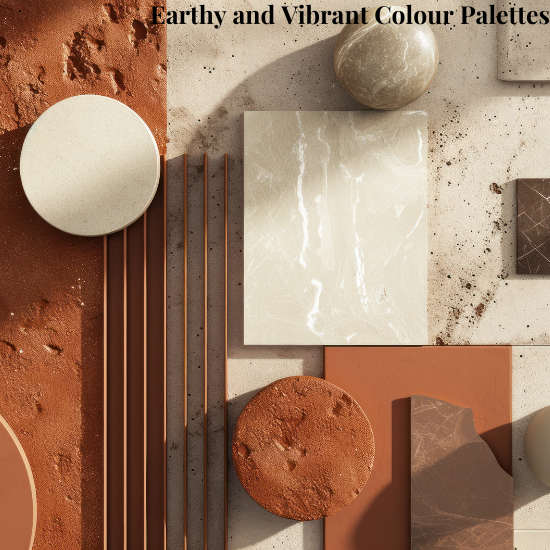 A collection of various textured and colored materials arranged in a flat lay, showcasing an earthy and vibrant color palette. The materials include circular and rectangular tiles in shades of beige, brown, and terracotta, along with thin rods and rough-textured surfaces.