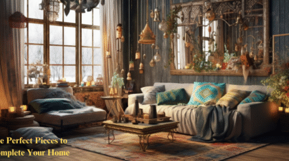 A cozy, well-decorated living room with a large window, a comfortable sofa, and various decorative items including hanging lights, candles, and plants.