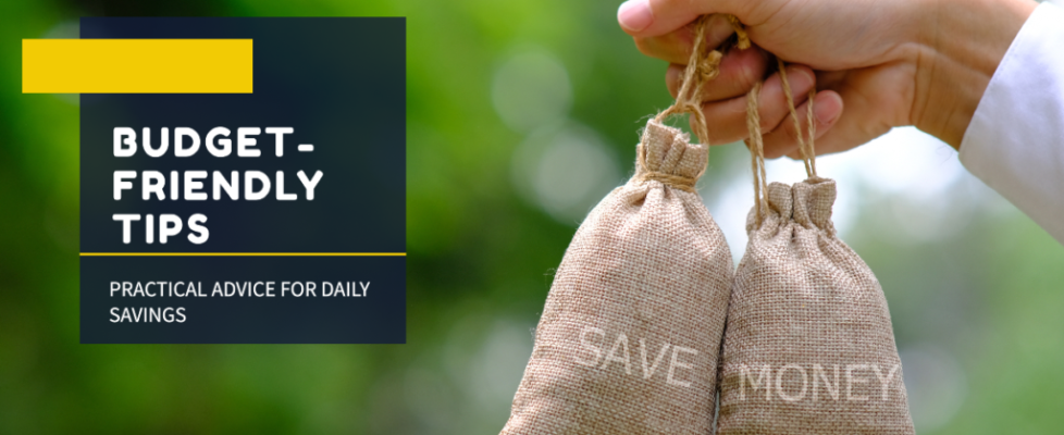 A hand holding two small burlap sacks labeled "SAVE" and "MONEY" against a blurred green background. The text "BUDGET-FRIENDLY TIPS" and "PRACTICAL ADVICE FOR DAILY SAVINGS" is displayed on the left side of the image.