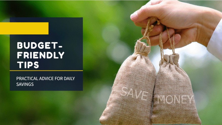 A hand holding two small burlap sacks labeled "SAVE" and "MONEY" against a blurred green background. The text "BUDGET-FRIENDLY TIPS" and "PRACTICAL ADVICE FOR DAILY SAVINGS" is displayed on the left side of the image.