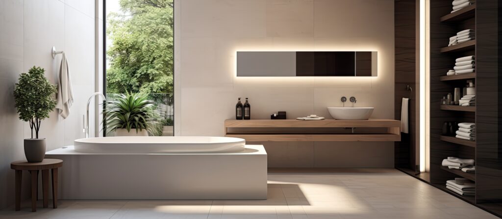 renovation in modern bathroom design with a serene, minimalist aesthetic featuring a sleek bathtub, wooden vanity, and lush greenery