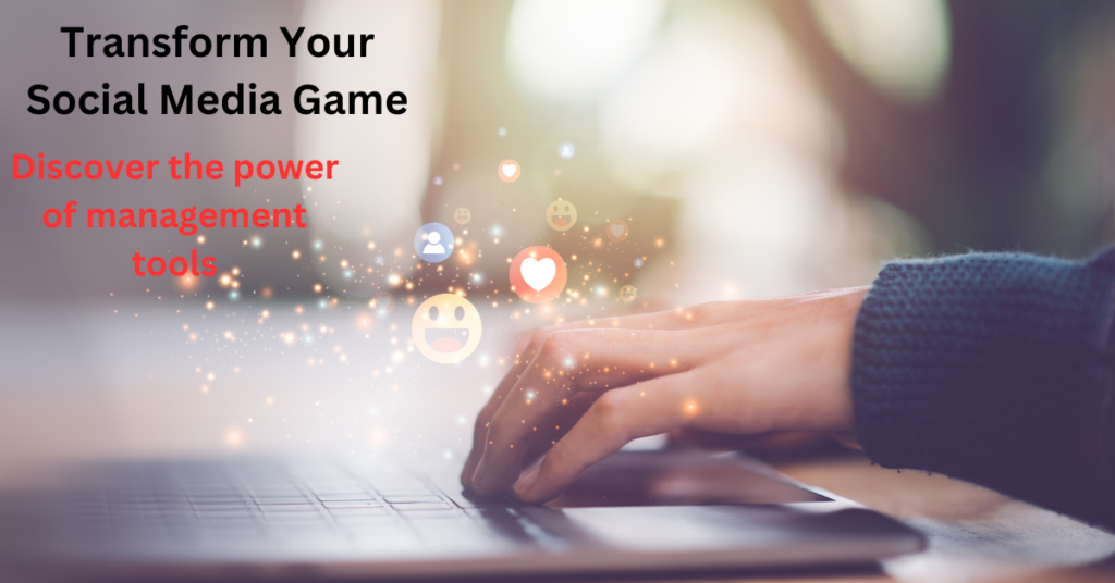 "A person typing on a laptop with glowing social media icons, such as emojis and like symbols, emerging from the keyboard, accompanied by the text 'Transform Your Social Media Game' and 'Discover the power of management tools.
Social Media Management