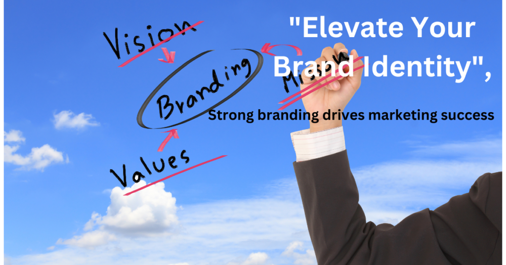 A hand drawing a diagram with the words "Vision," "Values," and "Branding" connected to form a circle, with the text "Elevate Your Brand Identity" and "Strong branding drives marketing success" below.
