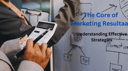 The Core of Marketing Resultaat "Two professionals discussing marketing strategies with a calculator and a whiteboard containing flowcharts and diagrams.