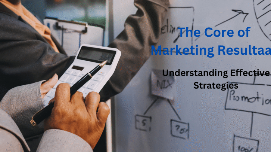 The Core of Marketing Resultaat "Two professionals discussing marketing strategies with a calculator and a whiteboard containing flowcharts and diagrams.