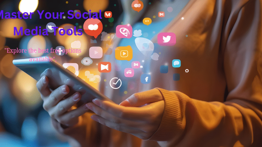 "A person holding a tablet surrounded by floating social media icons, including Twitter, Facebook, Instagram, and YouTube, with the text 'Master Your Social Media Tools' and a subtitle 'Explore the best free options available.'"