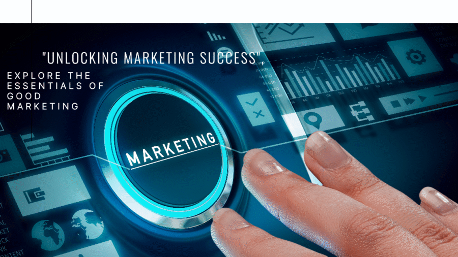 A hand reaching towards a glowing button labeled "Marketing" on a futuristic interface.