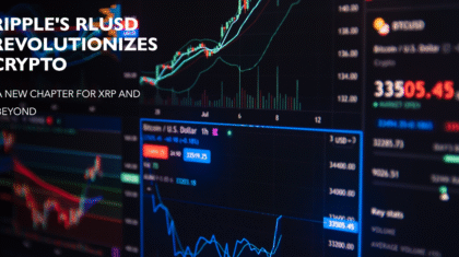 A computer screen displaying multiple cryptocurrency charts and graphs, with the text "Ripple's RLUSD Revolutionizes Crypto" highlighted