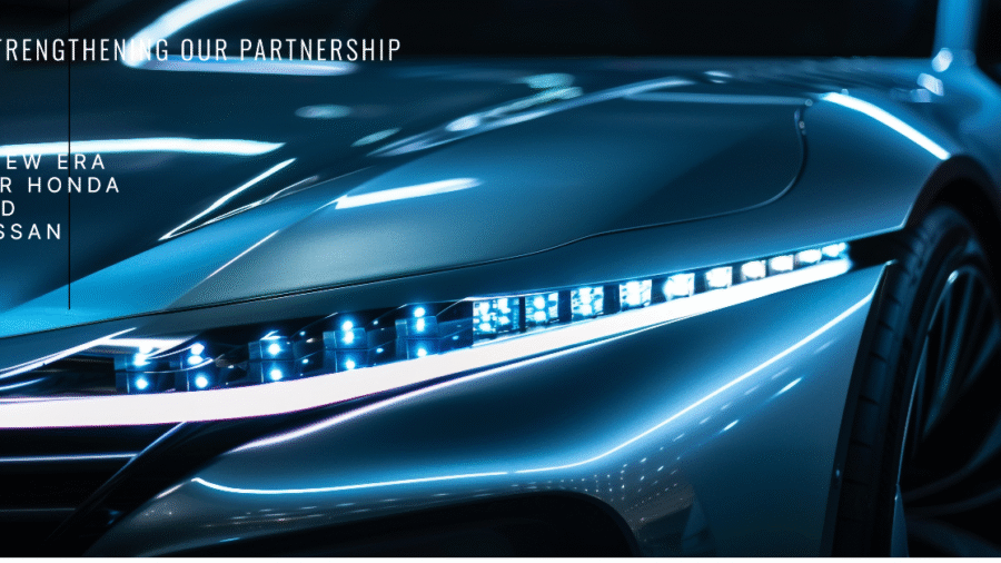 Close-up of a sleek, futuristic car headlight with a blue glow, showcasing the partnership between Honda and Nissan.