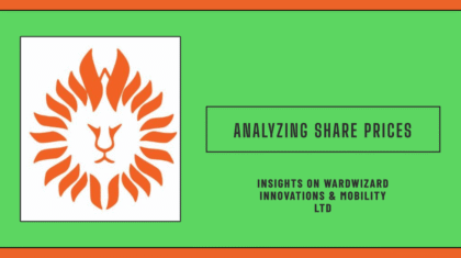 A stylized lion's head graphic with a sunburst design, in orange on a green background. Text below reads 'Analyzing Share Prices' and 'Insights on Wardwizard Innovations & Mobility Ltd.