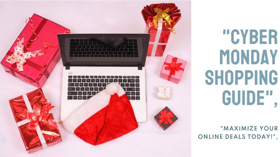 A laptop with a festive Santa hat placed on its keyboard, surrounded by vibrant red and pink wrapped gift boxes, symbolizing Cyber Monday shopping and holiday deals.