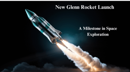 New Glenn rocket taking off against a dark sky.
