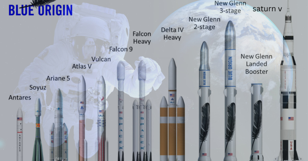 A size comparison chart showcasing the New Glenn rocket alongside other notable rockets like the Saturn V, Falcon Heavy, and more.