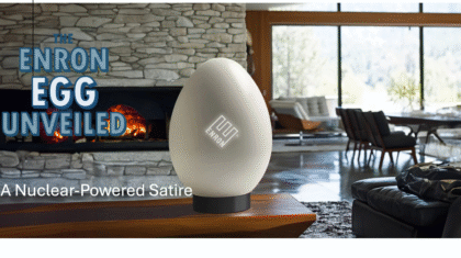 A large white egg with the Enron logo sits on a table in a modern living room with a fireplace. Text reads "The Enron Egg Unveiled: A Nuclear-Powered Satire.