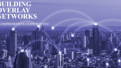 A visual representation of building overlay networks with a cityscape in the background.