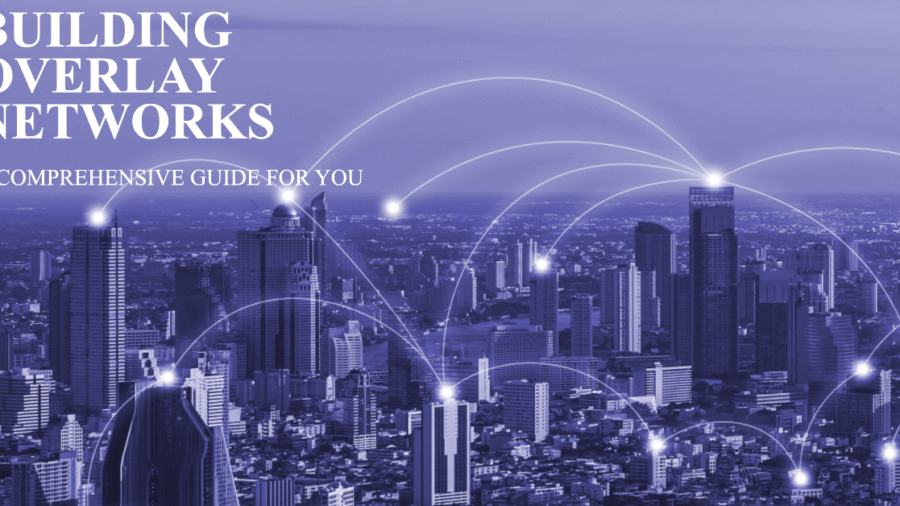 A visual representation of building overlay networks with a cityscape in the background.