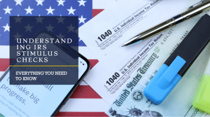 A smartphone with a website about IRS stimulus checks, a tax form, and a U.S. flag.
