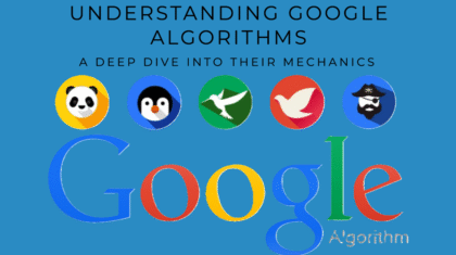 Illustration of Google's algorithm with icons representing key components: crawling, indexing, and ranking.