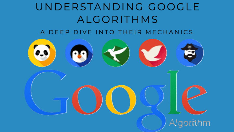Illustration of Google's algorithm with icons representing key components: crawling, indexing, and ranking.