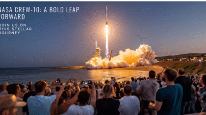 Text-based image with the phrases "NASA CREW-10: A BOLD LEAP FORWARD" and "JOIN US ON THIS STELLAR JOURNEY" on a dark background with blurred lights.