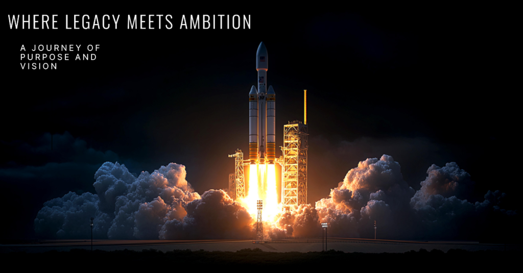 A rocket, possibly a NASA mission launch, is shown at night, brightly lit against a dark background, with the text "WHERE LEGACY MEETS AMBITION A JOURNEY OF PURPOSE AND VISION".