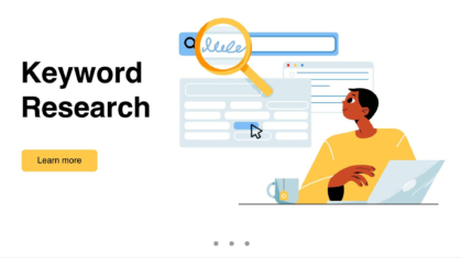 A person conducting keyword research on a laptop, analyzing SEO tools and search analytics to find high-traffic keywords.