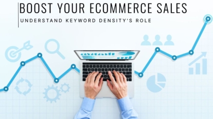 Illustration showing keyword density's impact on eCommerce sales growth with SEO metrics and rising conversion graphs.